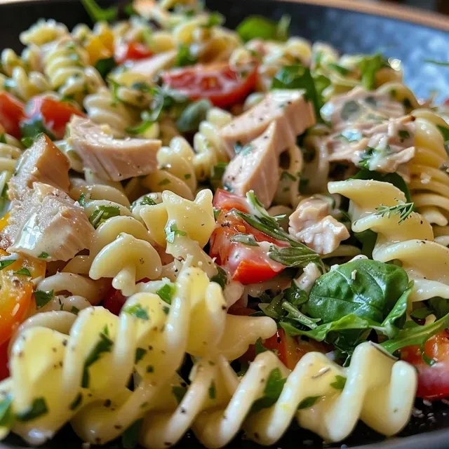 Seitliche Ansicht eines bunten Waldorf-Hähnchen-Pasta-Salats im Schüssel.