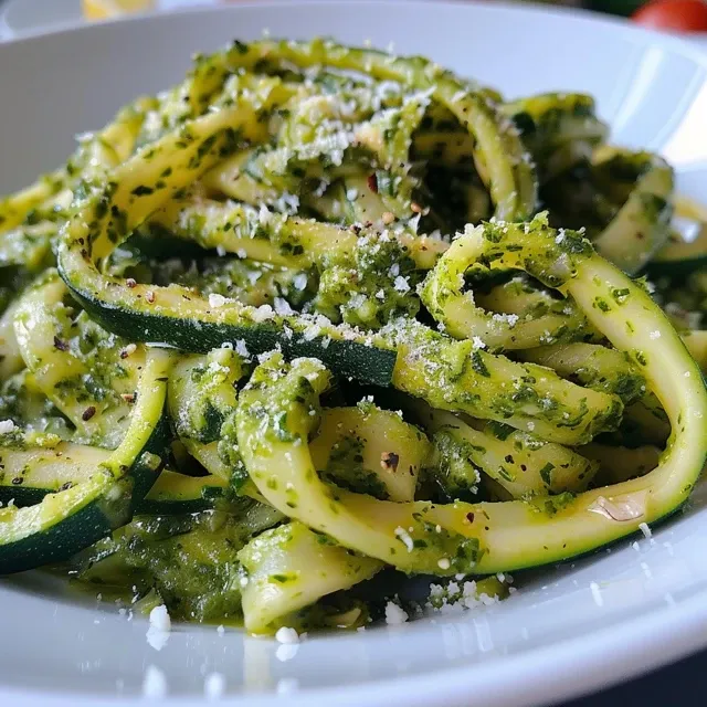 Seiteansicht von Zucchini-Nudeln, garniert mit frischem Basilikum und Hähnchenstücken.