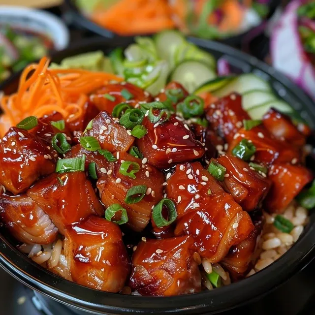 Teriyaki Hähnchen Bowl in einer Schüssel, präsentiert mit buntem Gemüse.