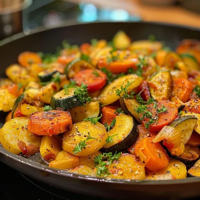 Seiteansicht einer köstlichen Kartoffel-Gemüse-Pfanne, frisch zubereitet.