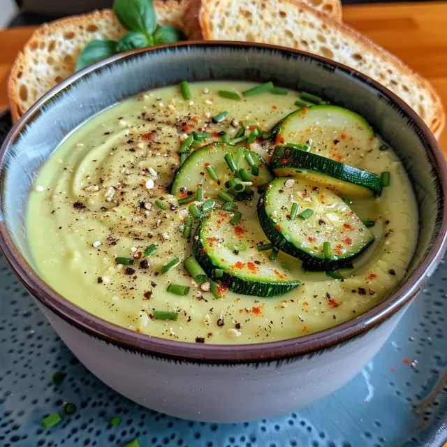 Seiteansicht einer leckeren, grünlichen Suppe mit Zucchini und Kokosnuss.