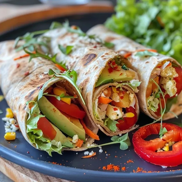 Seiteansicht eines saftigen Bunte Gemüse-Wraps auf einem Teller.