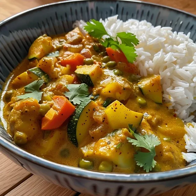 Seitenansicht eines gesunden Currys mit Basmati-Reis und Gemüse, auf einem Teller angerichtet.