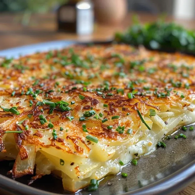 Kartoffelrösti serviert mit frischem Kräuterquark in seitlicher Ansicht.