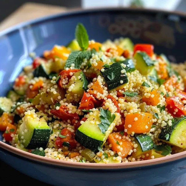 Seiteansicht von Röstgemüse Couscous, mit Zucchini, Paprika und Kirschtomaten.