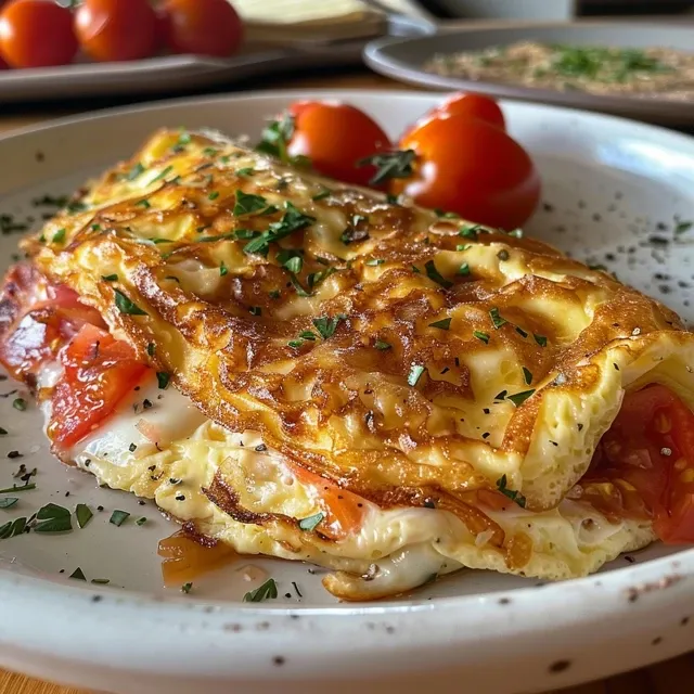 Seitliche Ansicht eines appetitlichen Kräuteromeletts mit frischen Tomaten.