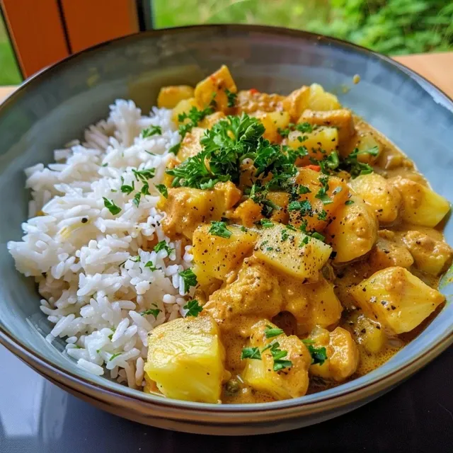 Detailansicht von Curry-Reis mit saftigen Hähnchenstreifen und Ananasstücken.