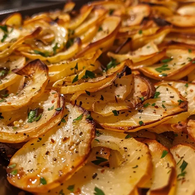 Seitenansicht von knusprigen Spiralkartoffel-Spießen auf einem Holzspieß.