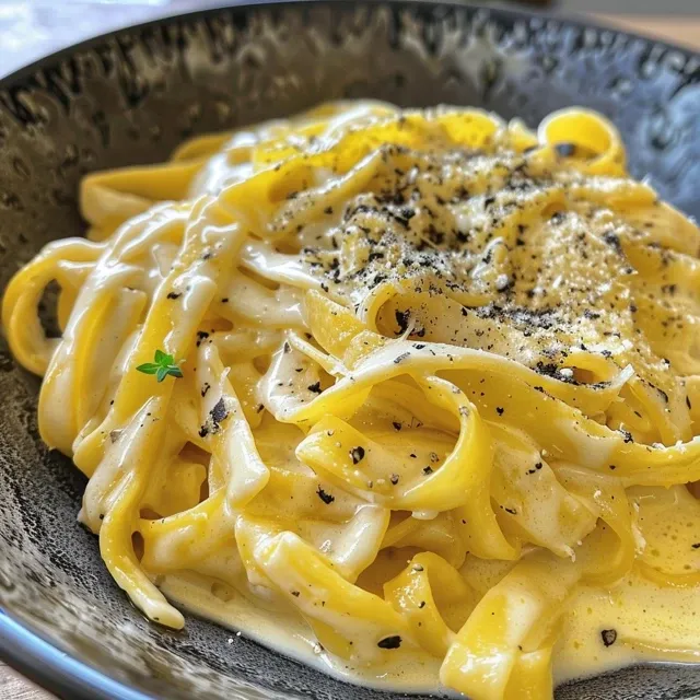 Nahaufnahme von cremiger Pasta mit Kürbis und Parmesan, in einem Teller angerichtet.
