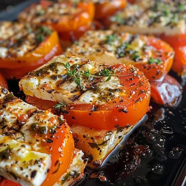 Seitenansicht von saftigen Gefüllten Feta-Paprika auf einem Teller.