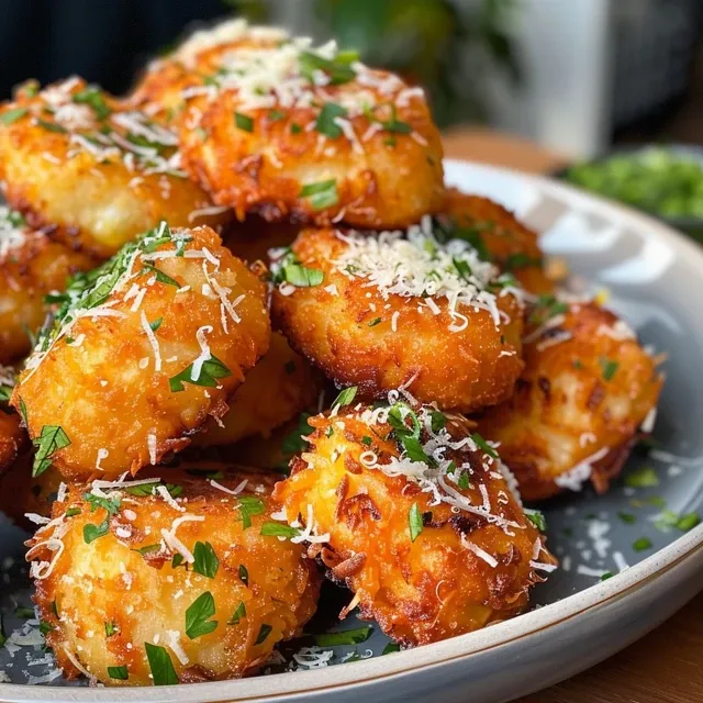 Frittierte Kartoffelbällchen in einer goldbraunen Farbe, seitliche Ansicht.