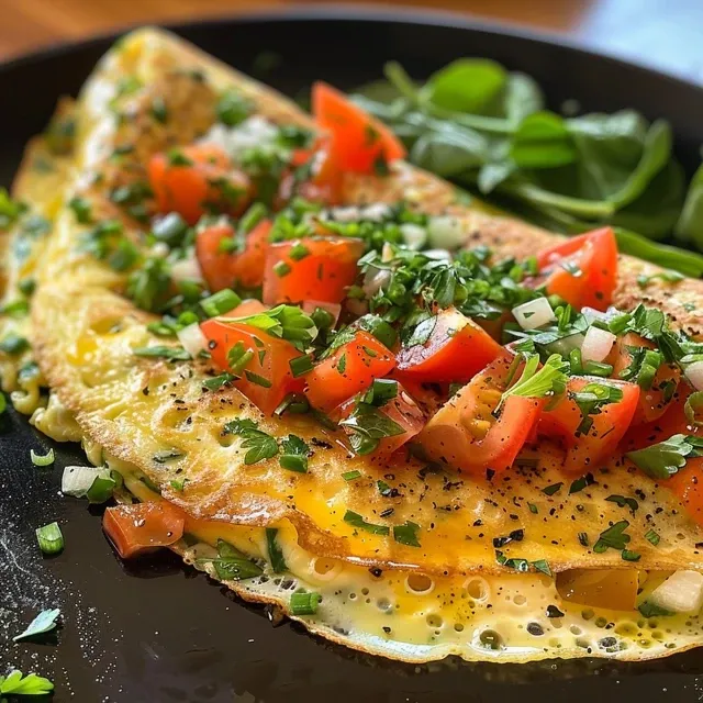 Seiteansicht einer frischen Gemüseomelette auf einem Teller, dekoriert mit Kräutern.