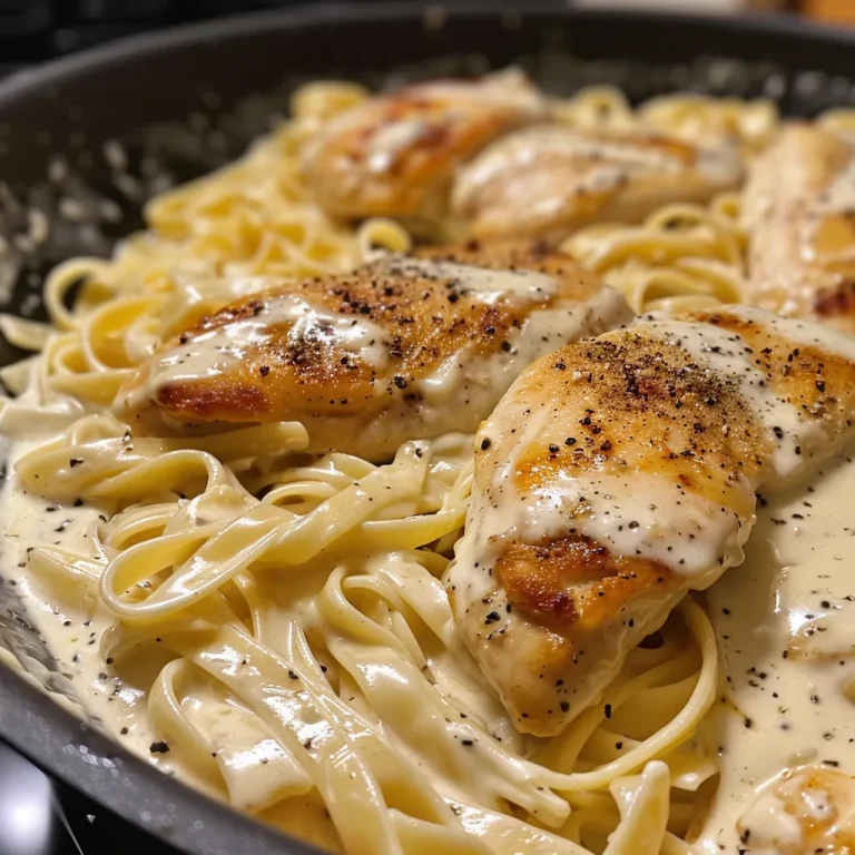Nahaufnahme von cremiger Alfredo-Pasta mit zartem Hähnchen.