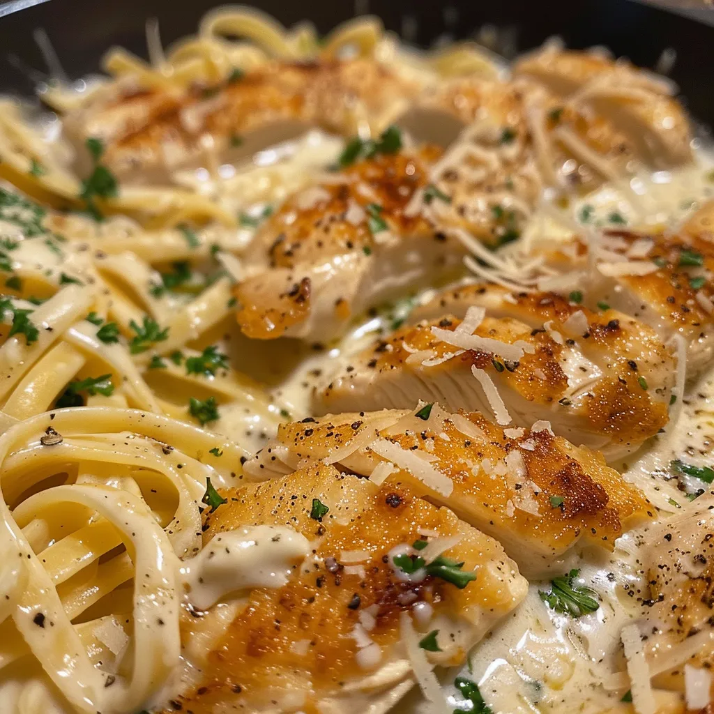 Seiteansicht eines Teller Alfredo mit Hähnchen, Pasta und Sauce.