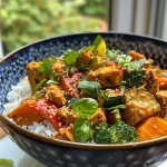 Nahaufnahme einer bunten asiatischen Gemüsepfanne auf einem Teller.