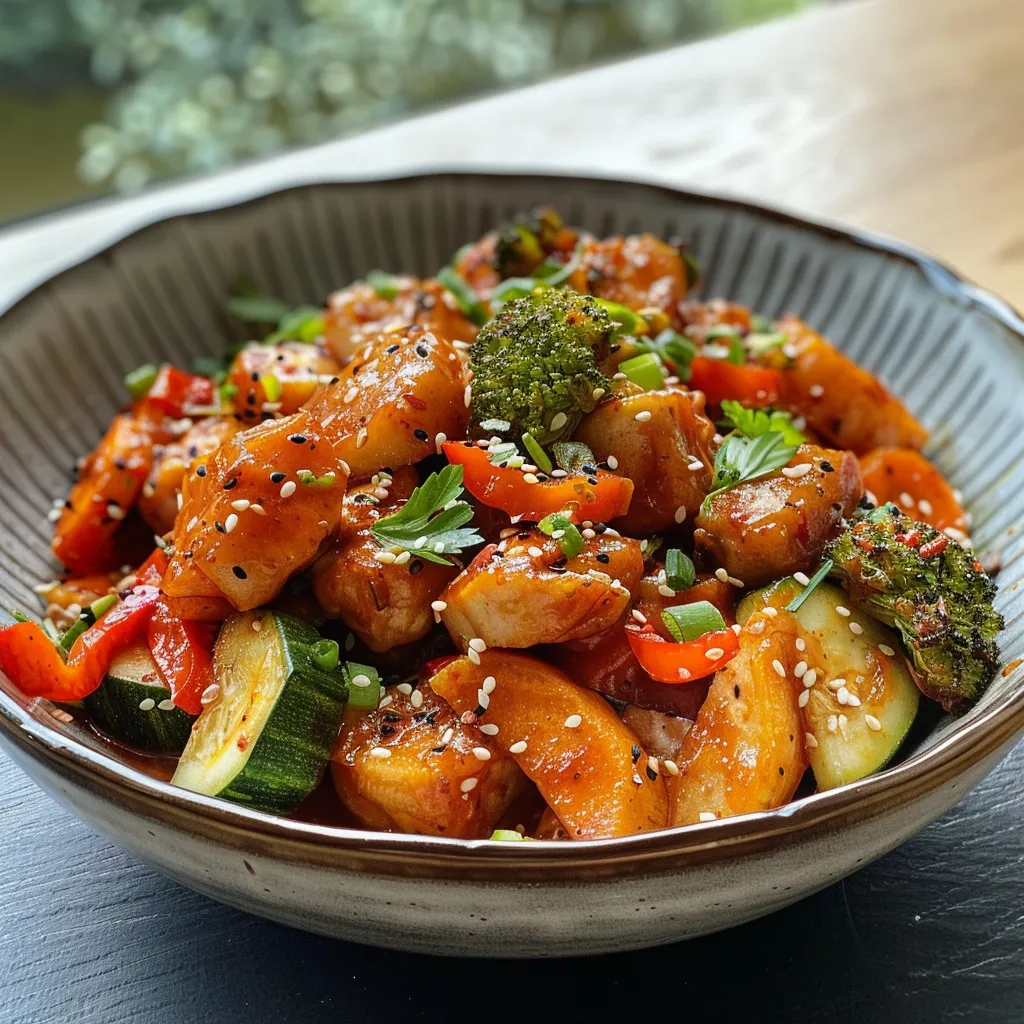 Seiteansicht einer frisch zubereiteten asiatischen Gemüsepfanne mit knackigem Gemüse.