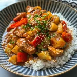 Nahaufnahme einer asiatischen Kohlpfanne mit buntem Gemüse und Hähnchen.