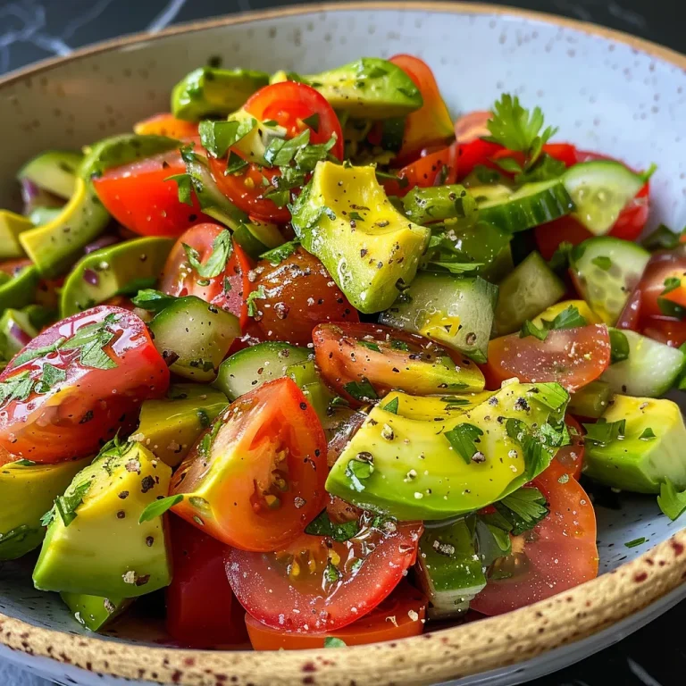 Nahaufnahme eines Avocado-Tomaten-Salats mit frischen Zutaten.