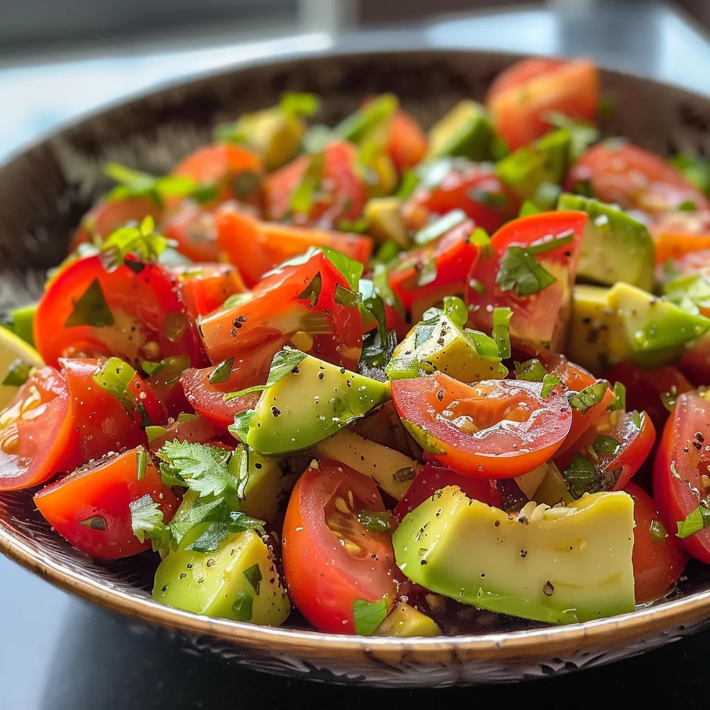 Seitenansicht eines bunten Avocado-Tomaten-Salats in einer Schüssel.