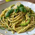 Nahaufnahme einer Schale mit cremiger Avocado-Pasta, garniert mit frischen Tomaten und Basilikum.
