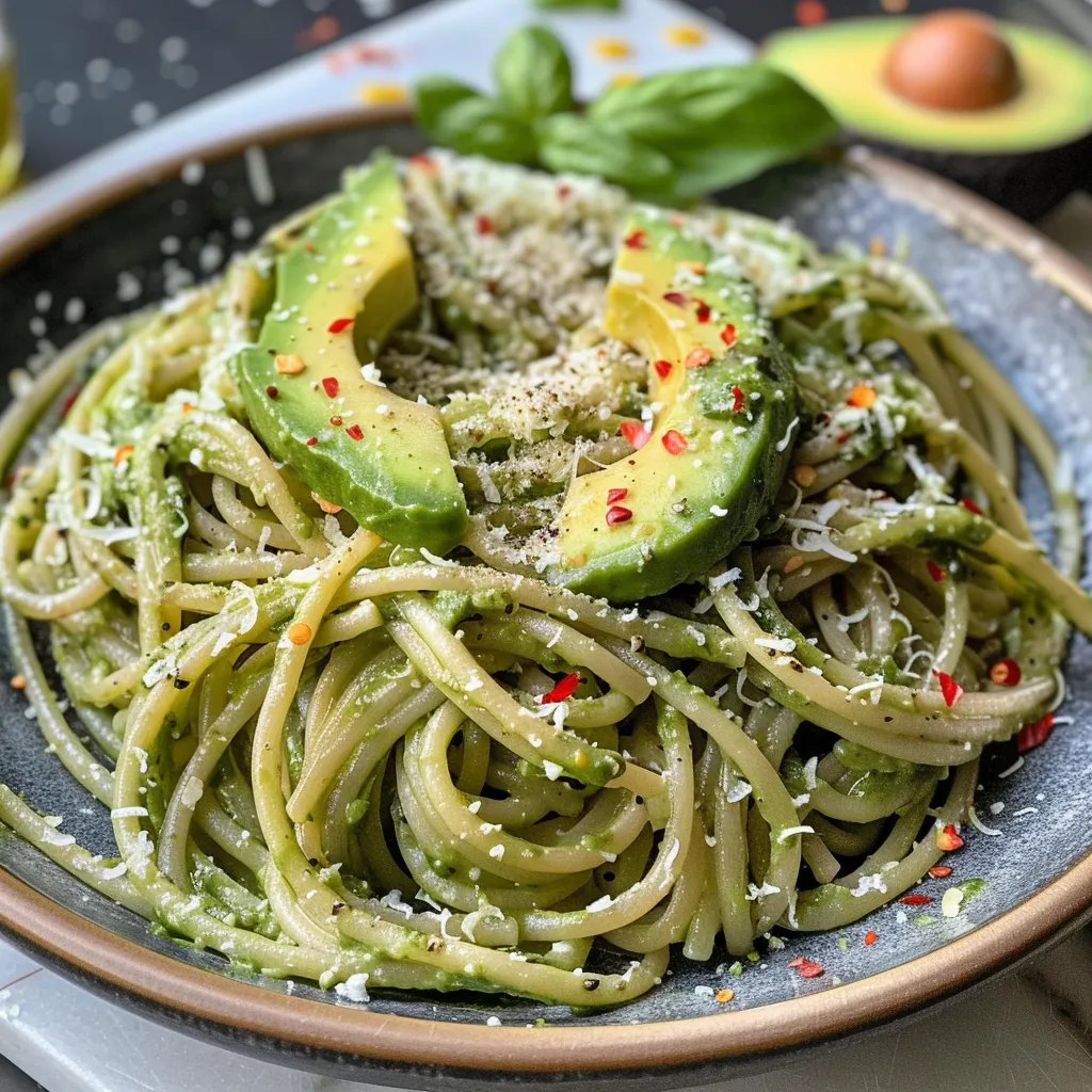 Detailansicht von Avocado-Pasta, die mit Parmesan und Pinienkernen serviert wird.