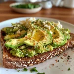 Seitenansicht von Avocado-Toast mit einem pochierten Ei, auf einem Holzbrett.