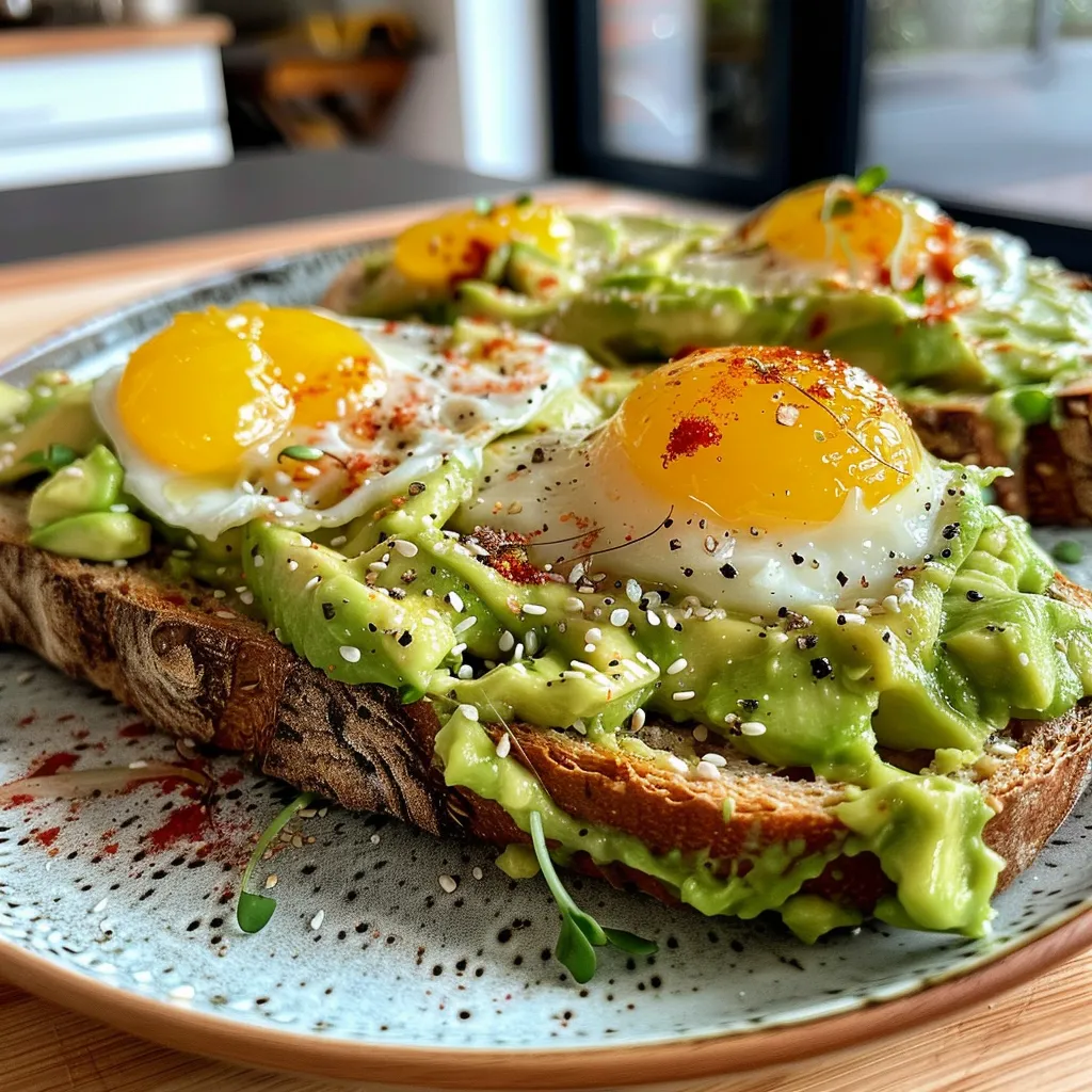 Seitenansicht eines Avocado Toasts, dekoriert mit einem perfekt pochierten Ei.