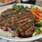 Saftiges Balsamico-Glasierte Steak mit bunten gerösteten Gemüsebeilagen.