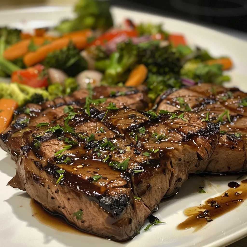 Nahaufnahme eines saftigen Steak mit Glanz von Balsamico und frisch gerösteten Gemüse.