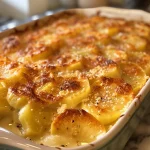 Nahaufnahme eines köstlichen Bärlauch-Kartoffelgratins mit goldbrauner Oberfläche.