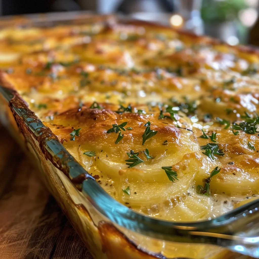 Seitenansicht eines frisch gebackenen Bärlauch-Kartoffelgratins in einer Auflaufform.