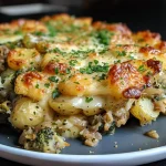 Nahaufnahme eines köstlichen Bohnen-Kartoffel-Auflaufs.