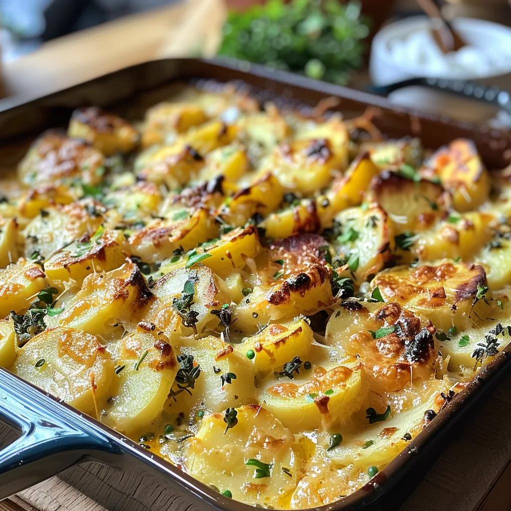 Seiteansicht eines herzhafte Bohnen-Kartoffel-Auflaufs auf einem Teller.