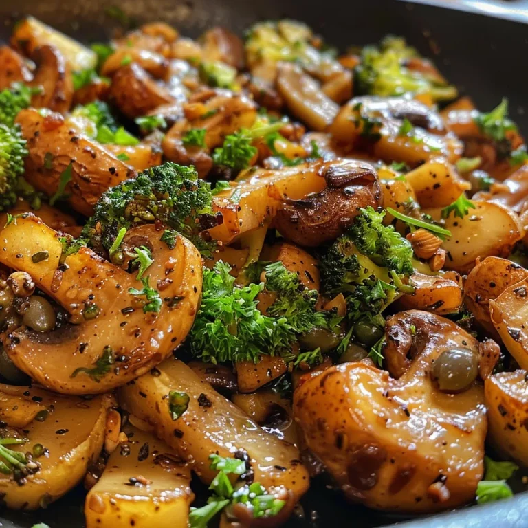 Nahaufnahme einer Brokkoli-Kartoffel-Pfanne mit frischem Gemüse.
