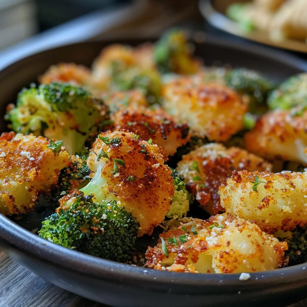 Seitenansicht einer köstlichen Pfanne mit Brokkoli und Kartoffeln.