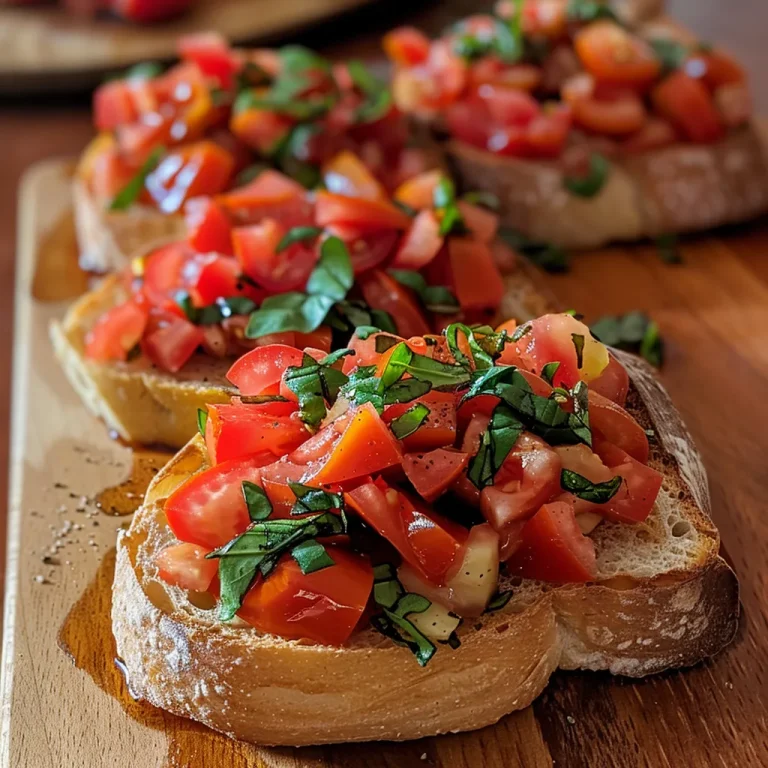 Nahaufnahme von Bruschetta mit Tomate und Basilikum auf einem Holzbrett.