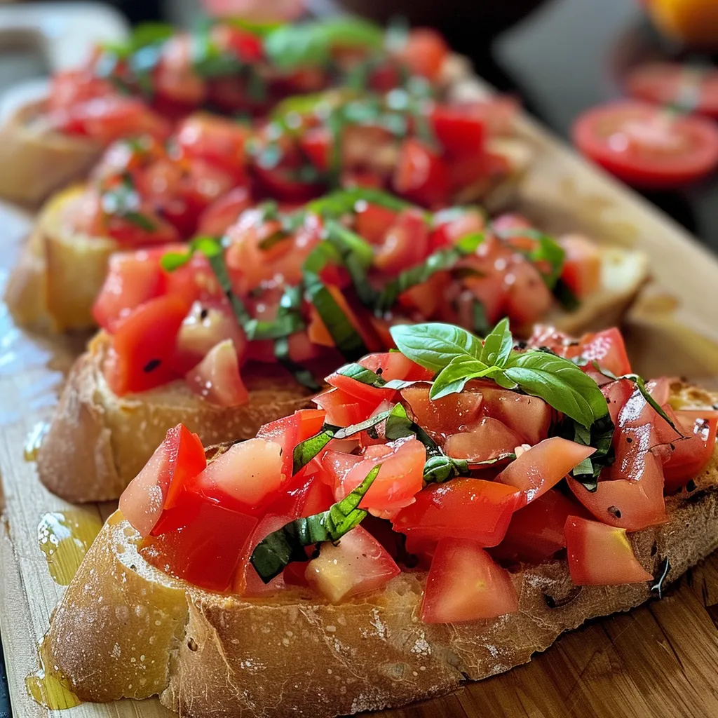 Side-View Foto von frisch zubereiteter Bruschetta mit saftigen Tomatenstücken.