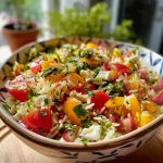 Nahaufnahme eines bunten Reissalats mit frischen Zutaten.
