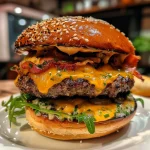 Nahaufnahme eines saftigen Crack Burgers mit geschmolzenem Käse und knusprigem Speck.