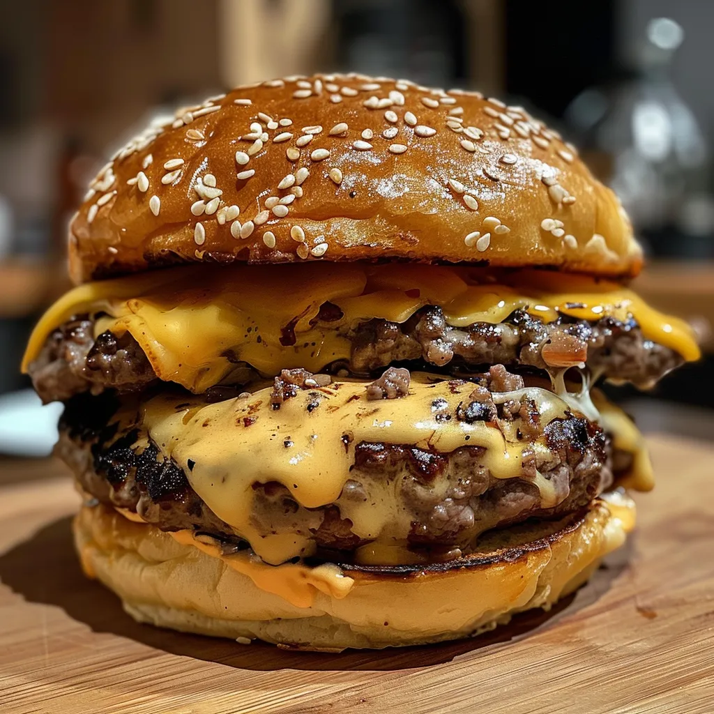 Seitenansicht eines Crack Burgers, gefüllt mit Rinderhackfleisch und karamellisierten Zwiebeln.