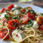 Nahaufnahme einer Portion Caprese Pasta mit Tomaten und Mozzarella.