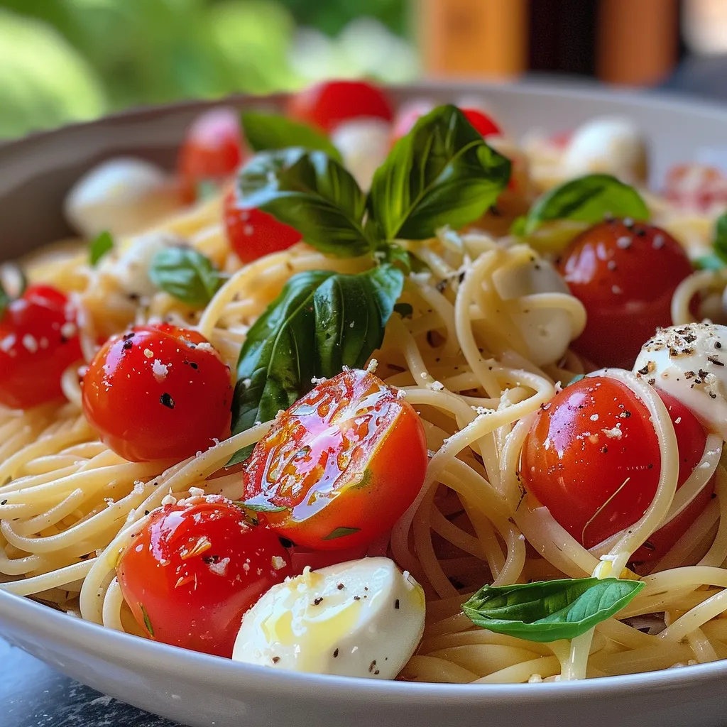 Seiteansicht von Spaghetti mit frischen Kirschtomaten und Basilikum.