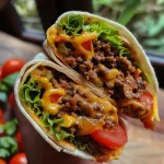 Saftige Cheeseburger Wraps in Nahaufnahme, mit frischen Zutaten.