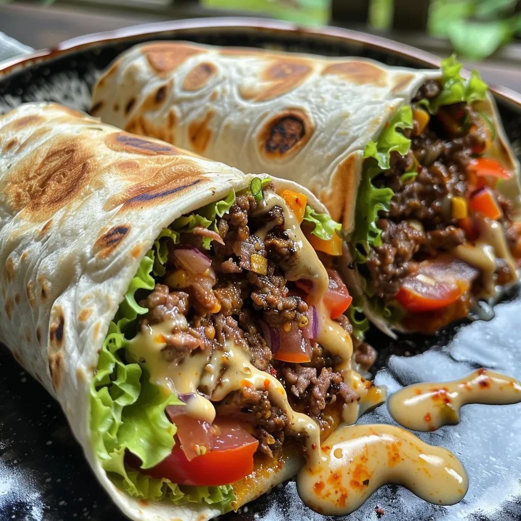 Seiteansicht von Cheeseburger Wraps, gefüllt mit Hackfleisch und Gemüse.