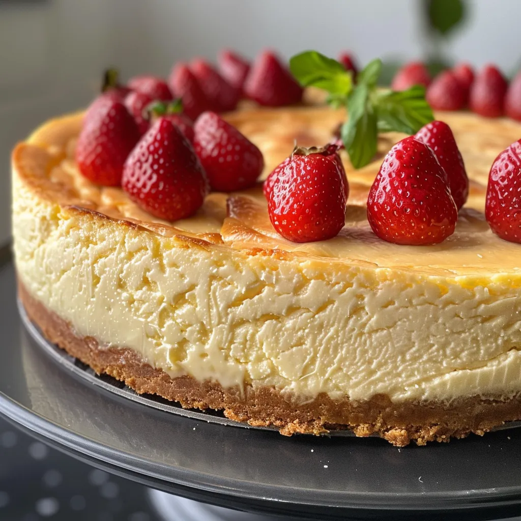 Seitenansicht eines cremigen Käsekuchens ohne Backen mit Zitronen- und Sahne-Dekoration.