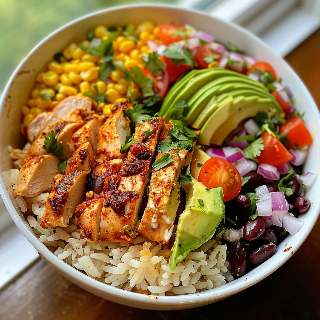 Nahaufnahme eines Chicken Burrito Bowls, das mit Cheddar, Avocado und Zutaten belegt ist.