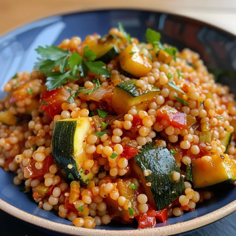 Bunte Vielfalt im Teller: Couscous mit geröstetem Gemüse Nahaufnahme von Couscous mit buntem, geröstetem Gemüse.