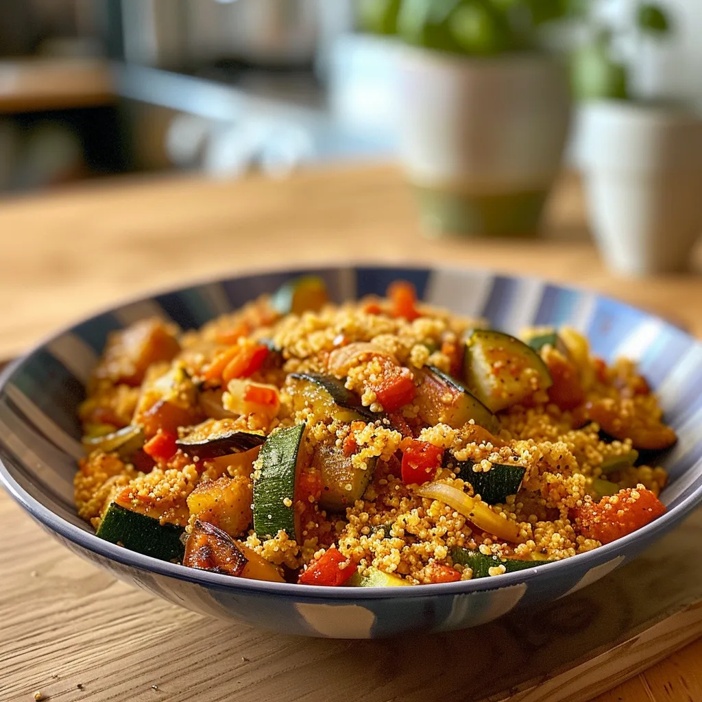 Seiteansicht eines Schüssels mit Couscous und grilliertem Gemüse.