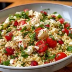 Nahaufnahme eines frischen Couscous-Salats mit Feta, Tomaten und Gurken.