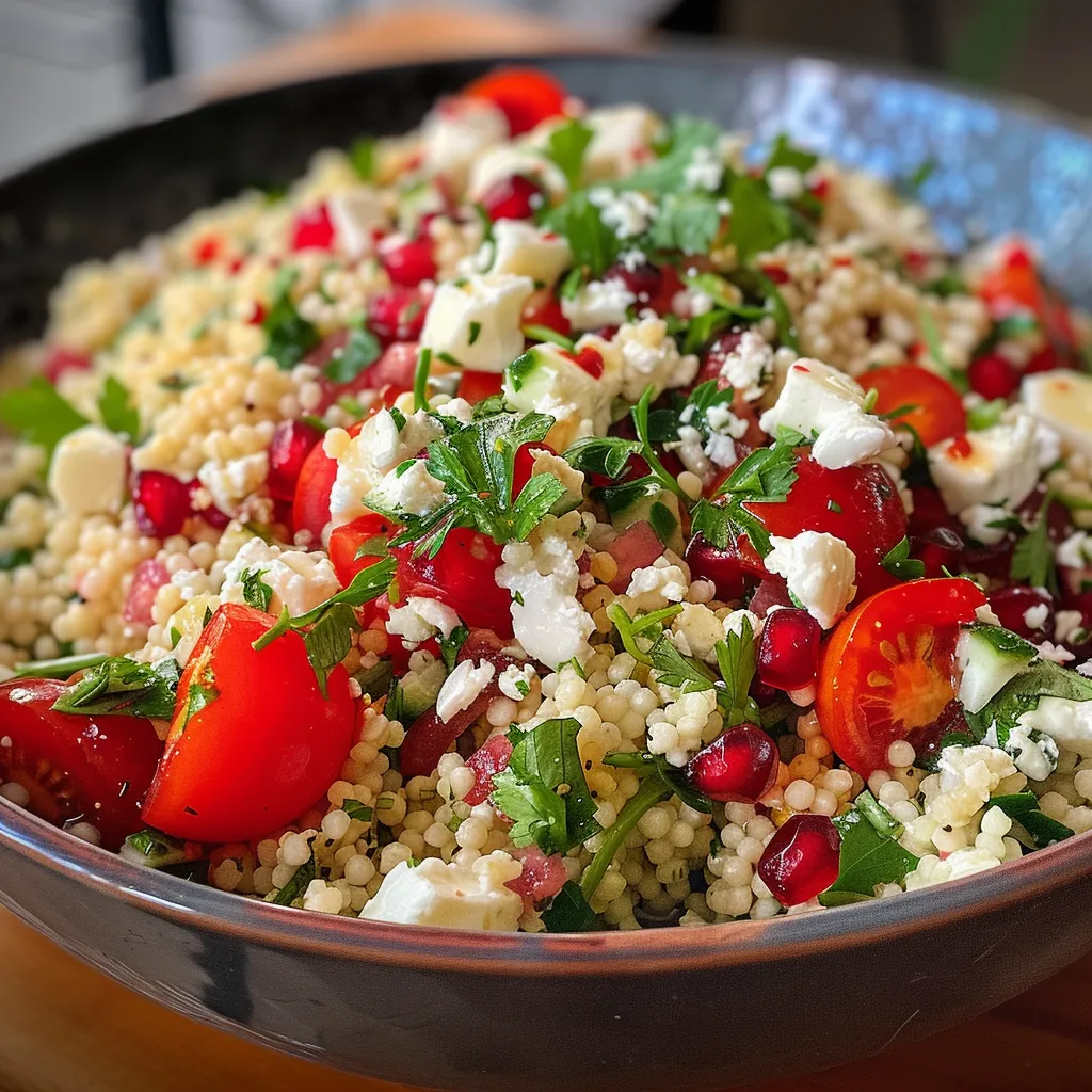 Seitenansicht eines appetitlichen Couscous-Salats, reichhaltig mit Feta und Gemüse.